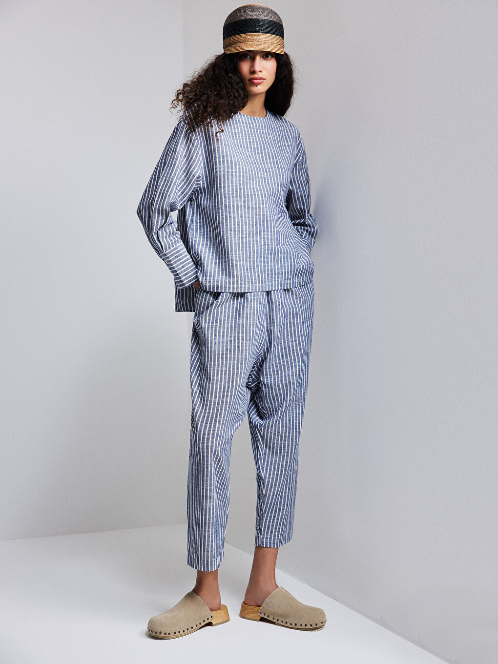 Mavi Bisiklet Yaka Çizgili Uzun Kollu Oversize Kadın Bluz-2