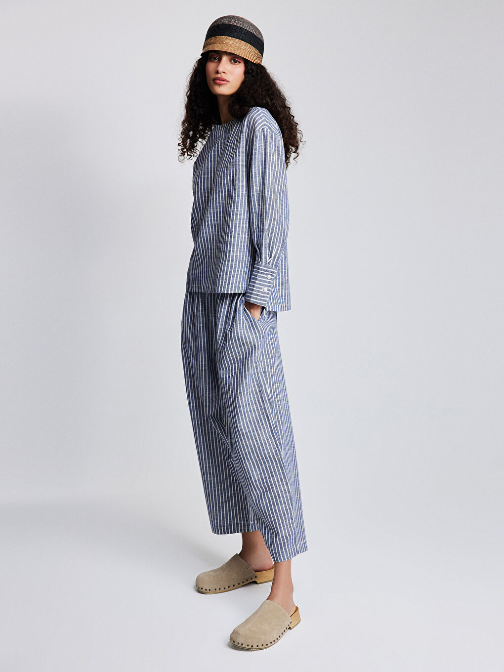 Mavi Bisiklet Yaka Çizgili Uzun Kollu Oversize Kadın Bluz-3