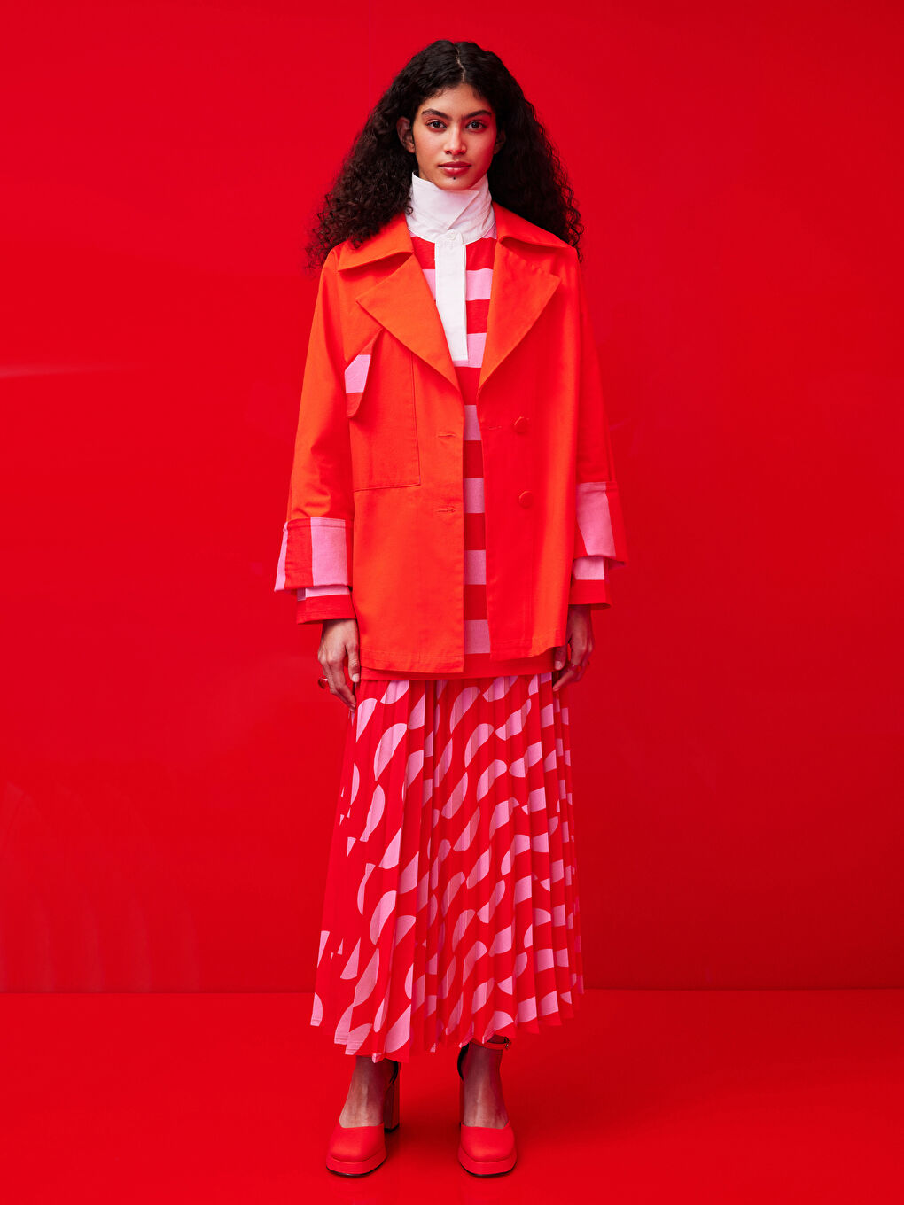 Front Button Closure Color Block Long Sleeve Gabardine Women's Jacket-1