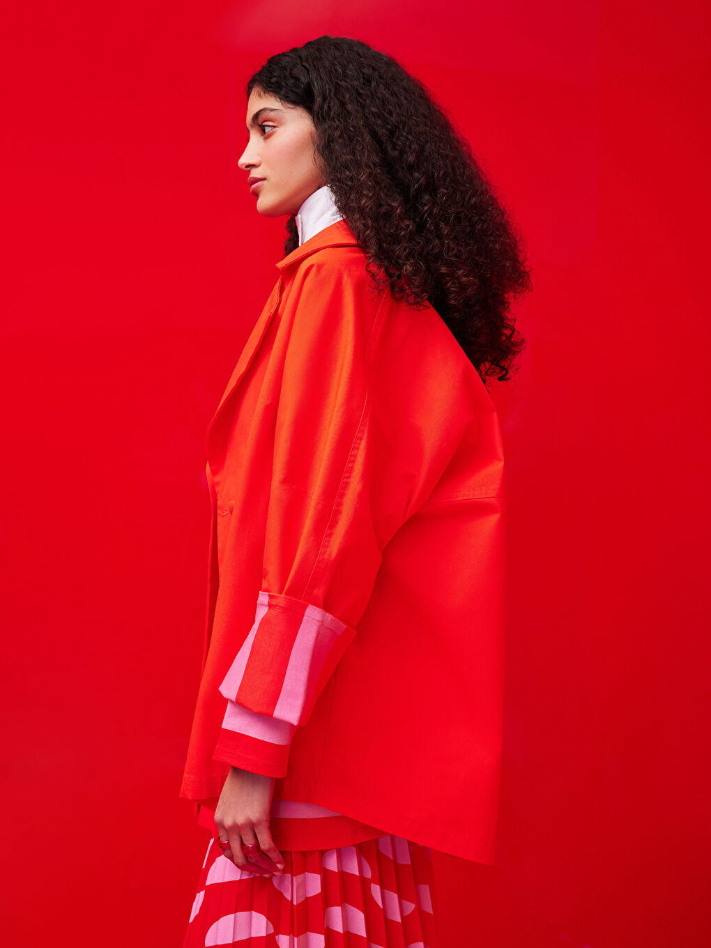 Front Button Closure Color Block Long Sleeve Gabardine Women's Jacket-3