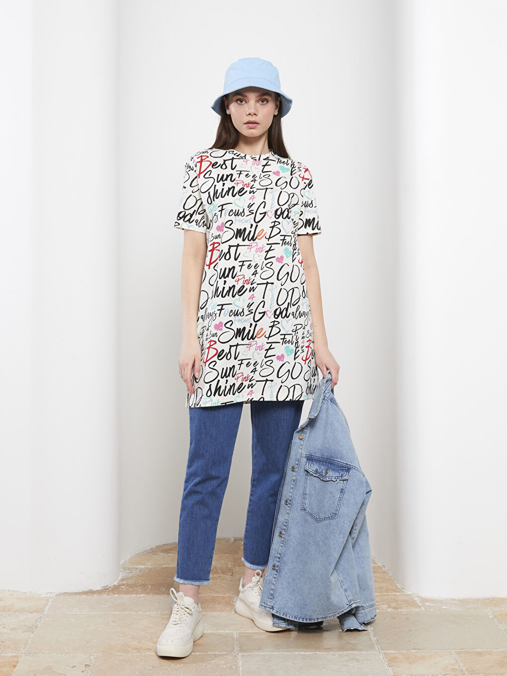 Crew Neck Letter Printed Short Sleeve Cotton Women's Tunic