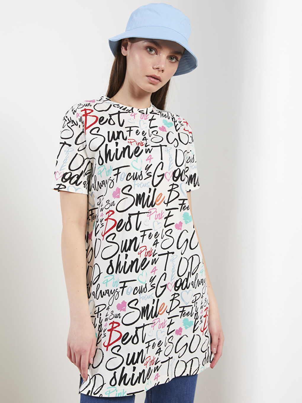 Crew Neck Letter Printed Short Sleeve Cotton Women's Tunic-1