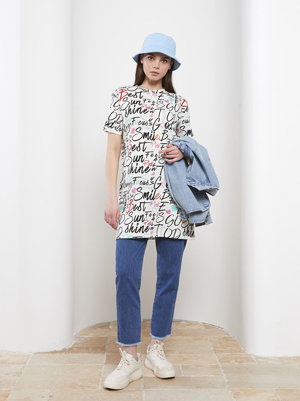 Crew Neck Letter Printed Short Sleeve Cotton Women's Tunic-2