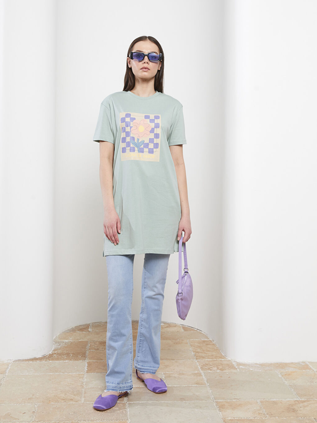 Crew Neck Printed Short Sleeve Cotton Women's Tunic-2