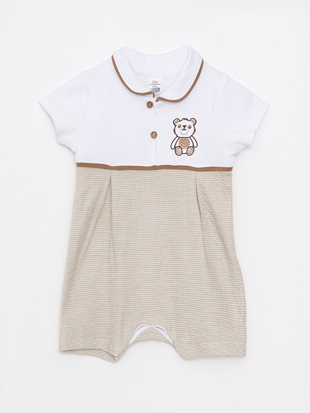 Beyaz Bebe Yaka Kısa Kollu Nakış Detaylı Erkek Bebek Tulum