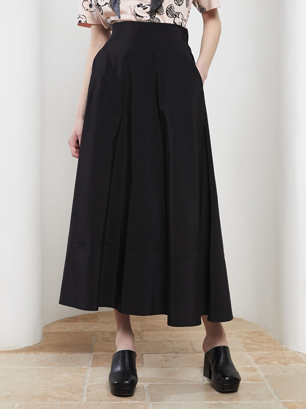 Siyah Beli Lastikli Düz A Kesim Poplin Kadın Etek-2