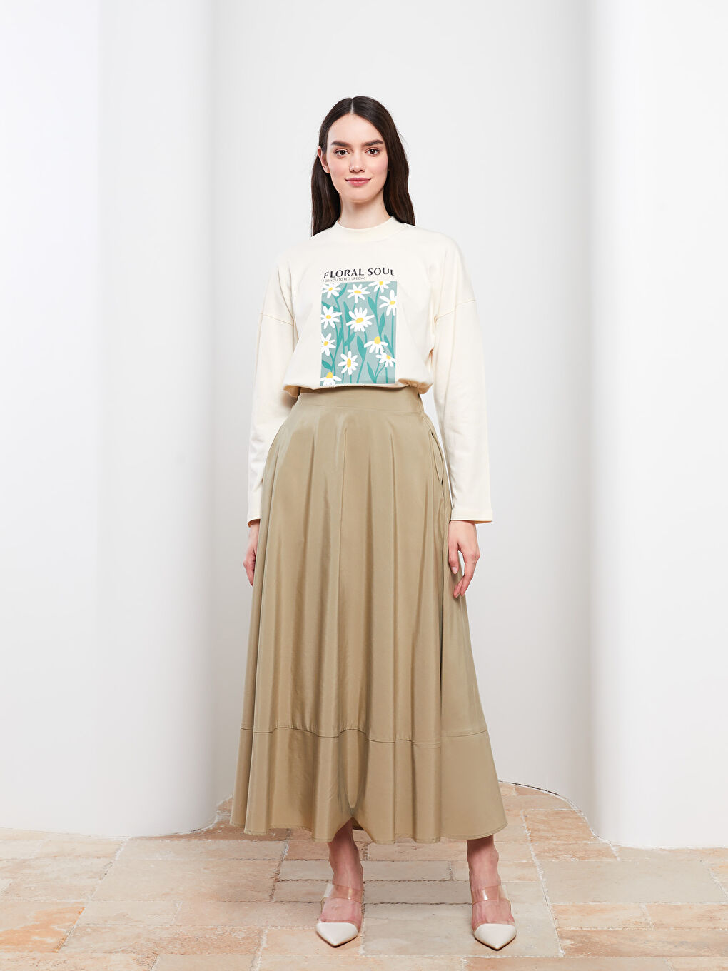 Haki Beli Lastikli Düz A Kesim Poplin Kadın Etek