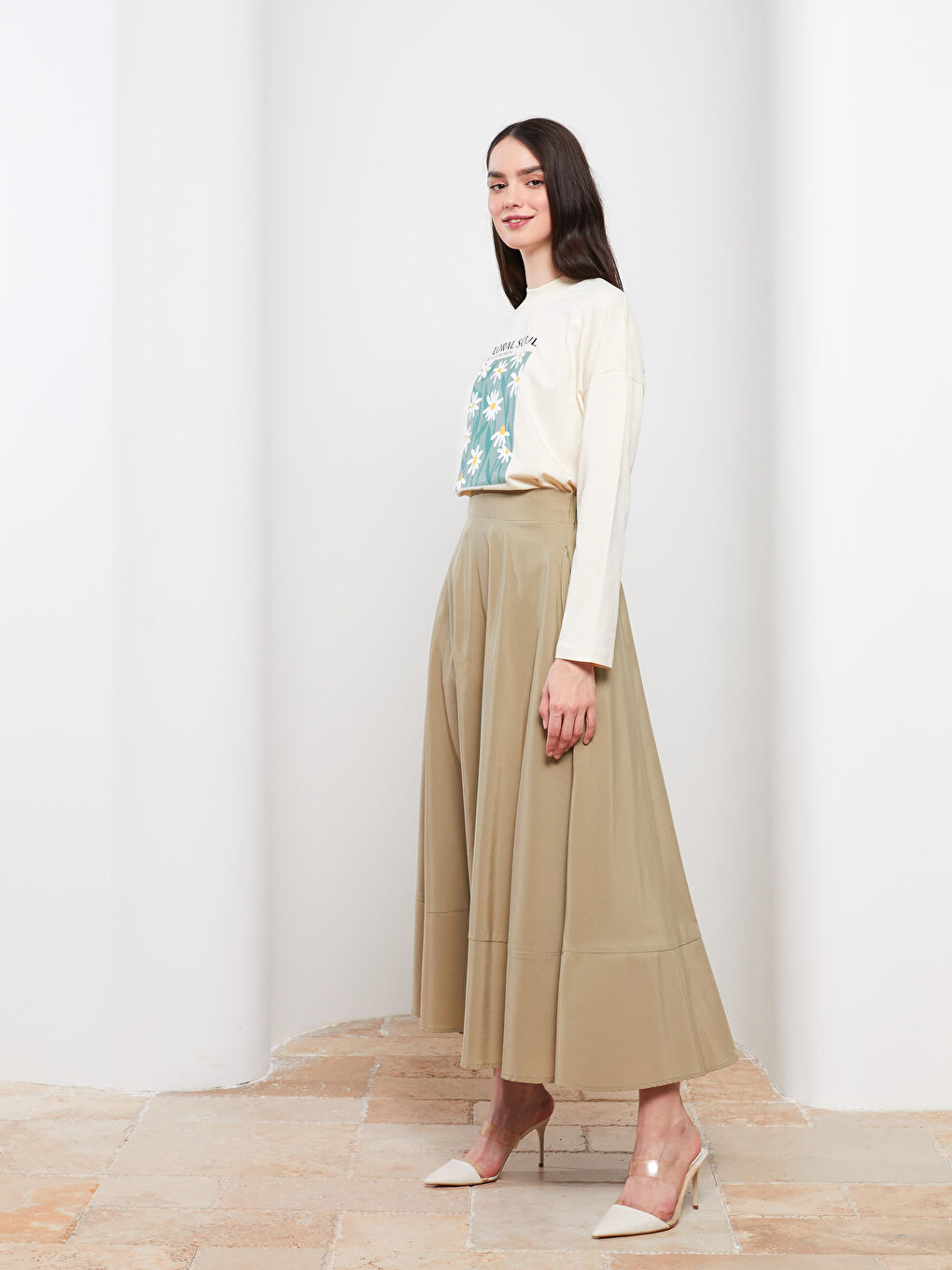 Haki Beli Lastikli Düz A Kesim Poplin Kadın Etek-1