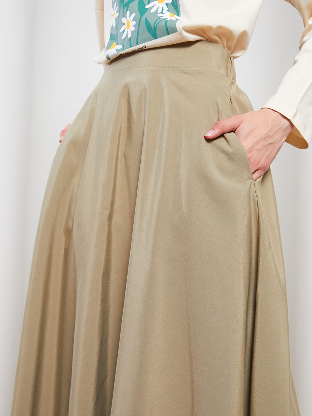 Haki Beli Lastikli Düz A Kesim Poplin Kadın Etek-2