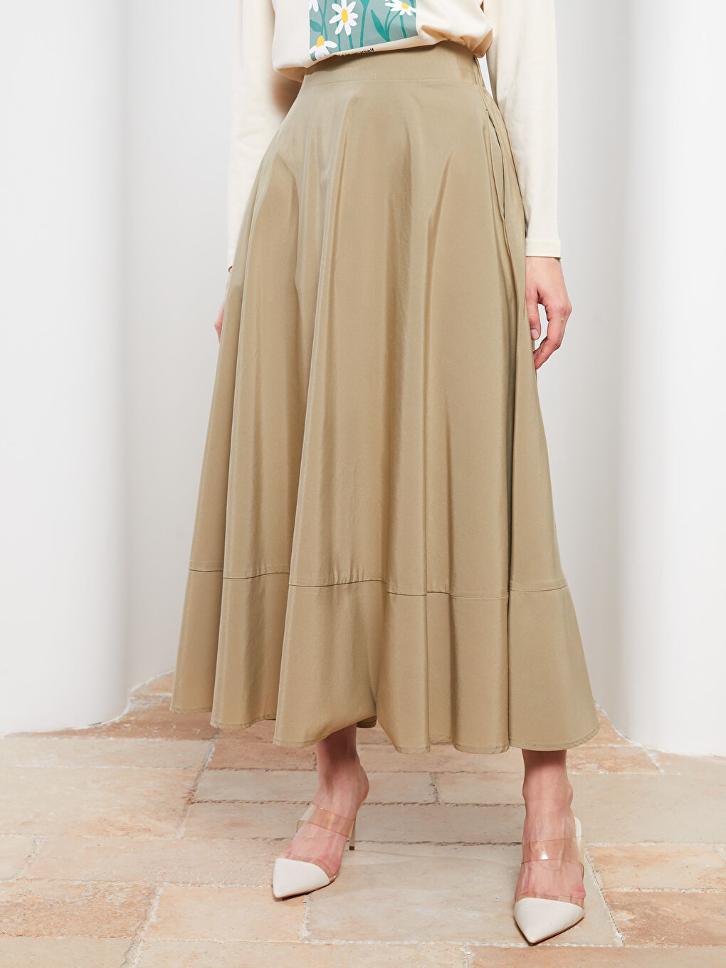 Haki Beli Lastikli Düz A Kesim Poplin Kadın Etek-3