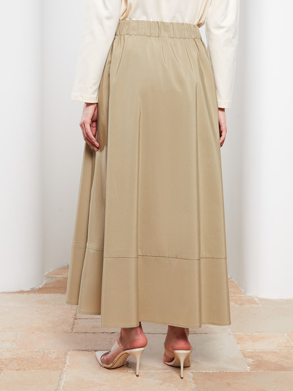 Haki Beli Lastikli Düz A Kesim Poplin Kadın Etek-4