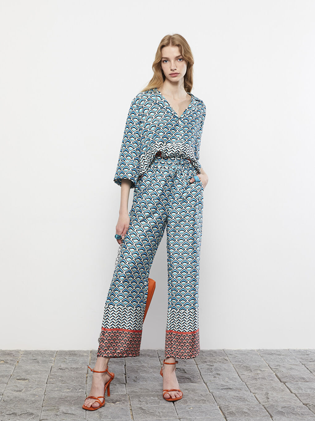 Elastic Waist Patterned Pocket Detailed Women's Trousers