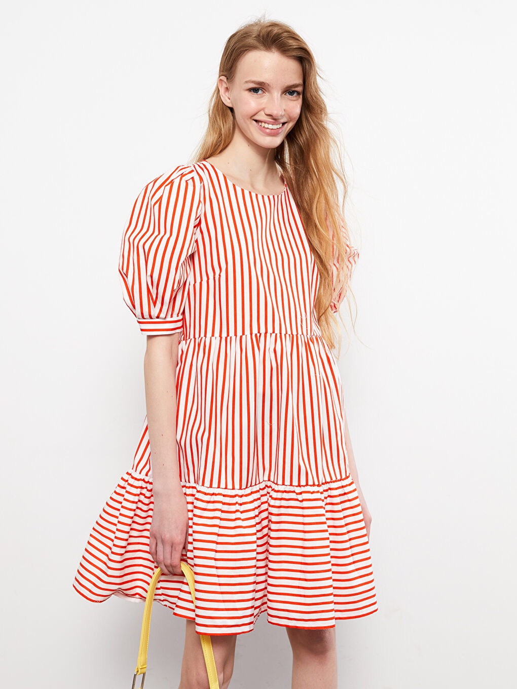 Crew Neck Striped Balloon Sleeve Cotton Women's Dress