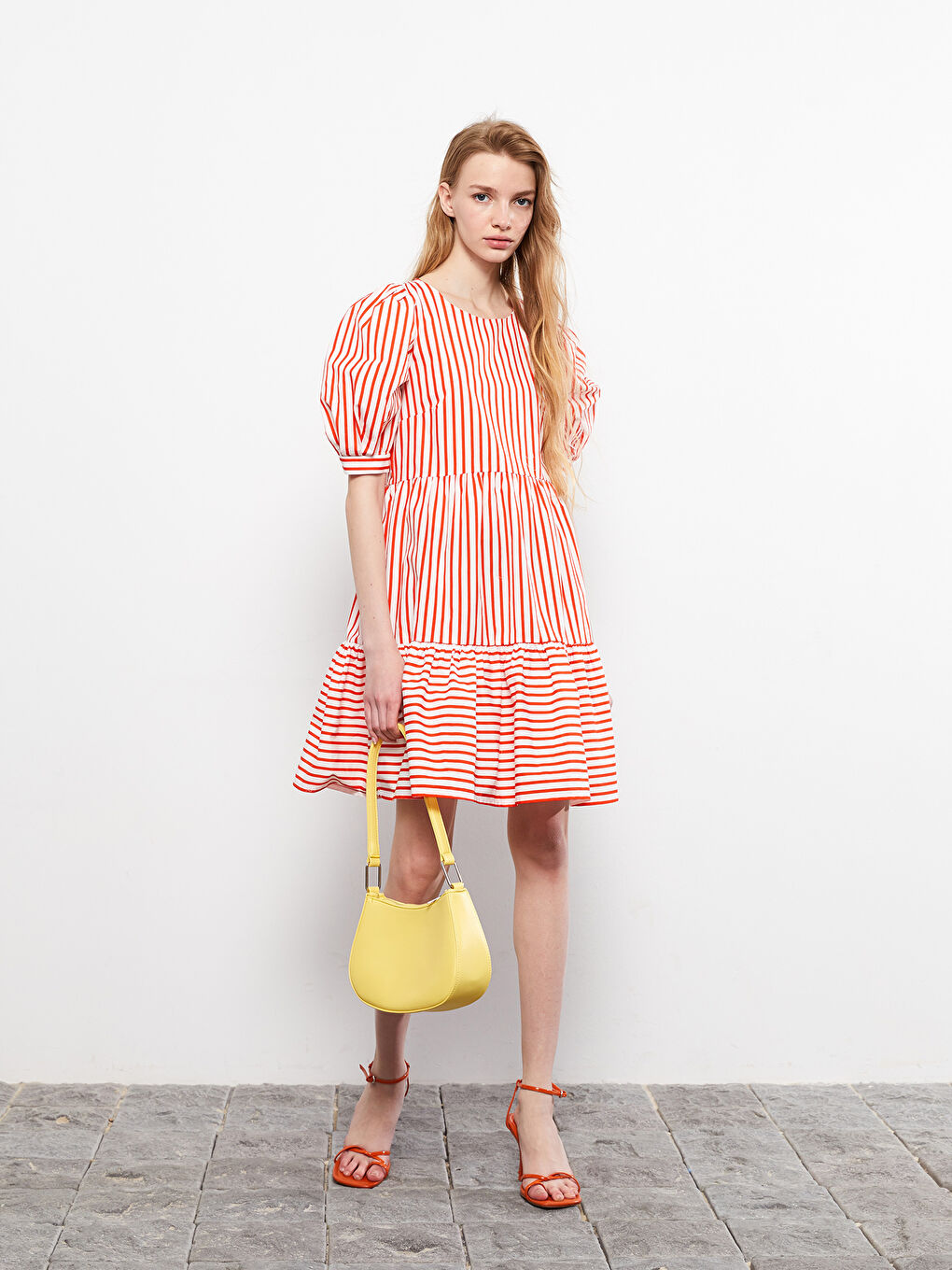 Crew Neck Striped Balloon Sleeve Cotton Women's Dress-1