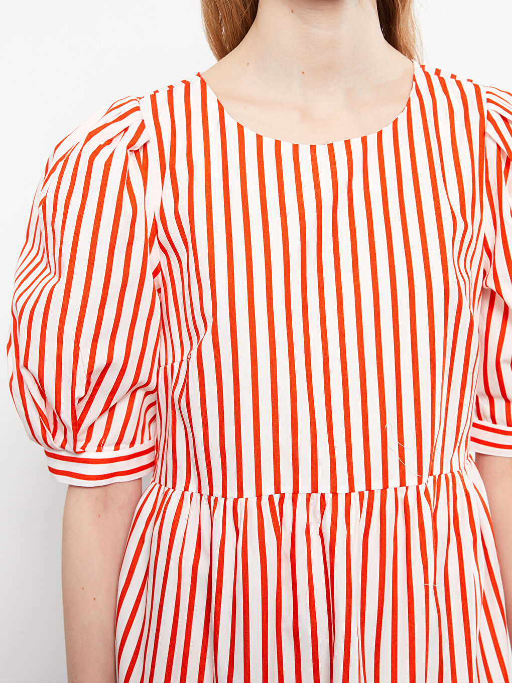Crew Neck Striped Balloon Sleeve Cotton Women's Dress-2