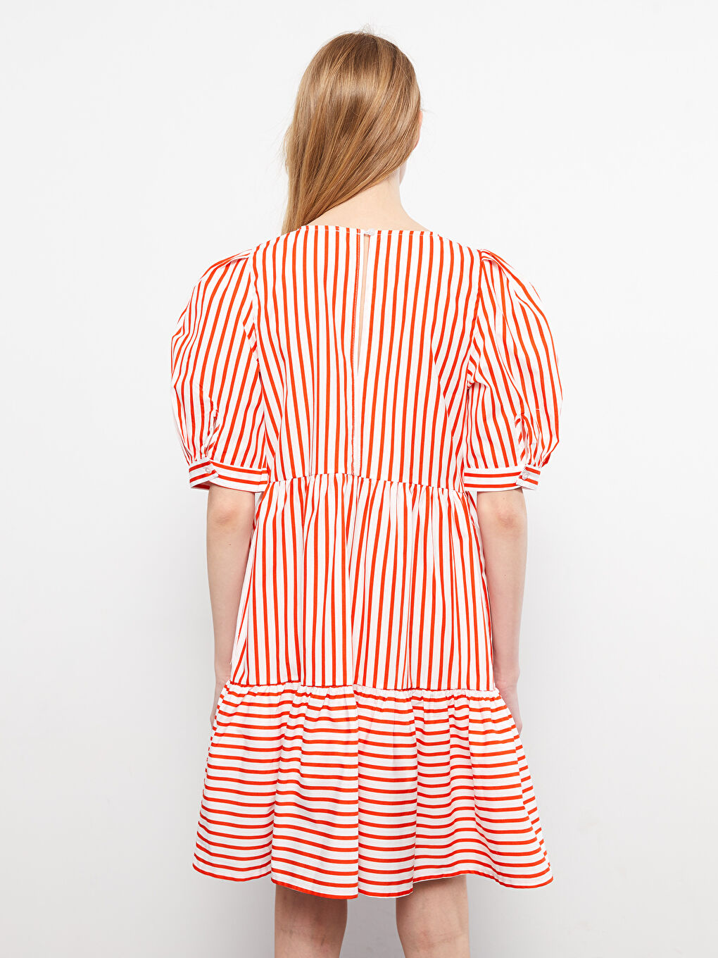 Crew Neck Striped Balloon Sleeve Cotton Women's Dress-3