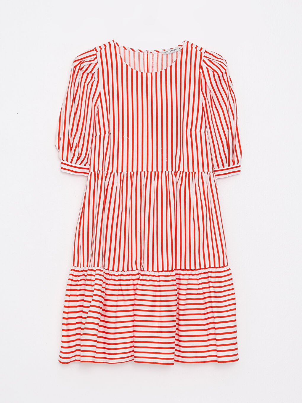 Crew Neck Striped Balloon Sleeve Cotton Women's Dress-4
