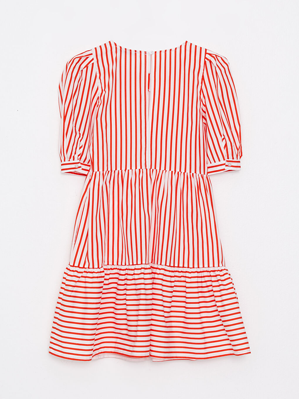 Crew Neck Striped Balloon Sleeve Cotton Women's Dress-5