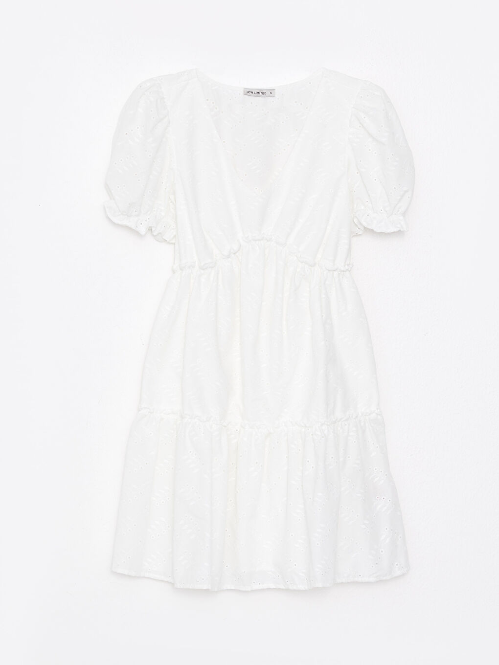 Beyaz V Yaka Kendinden Desenli Kısa Kollu Brode Kadın Elbise-5