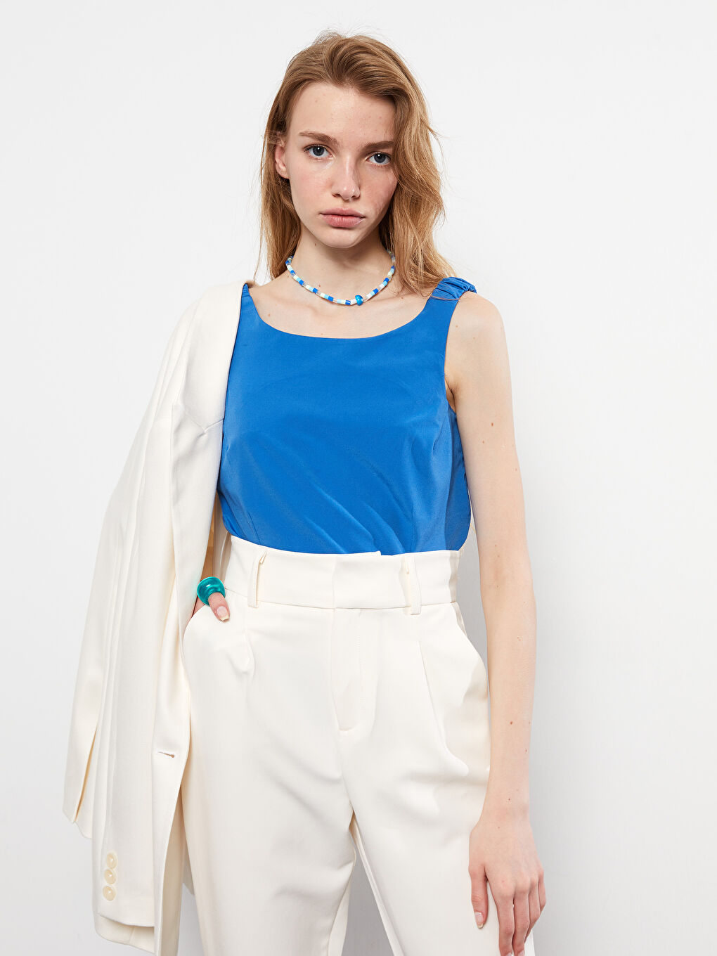 Women's U-Neck Plain Ruffle Detailed Strap Blouse -S2IS51Z8-HGU