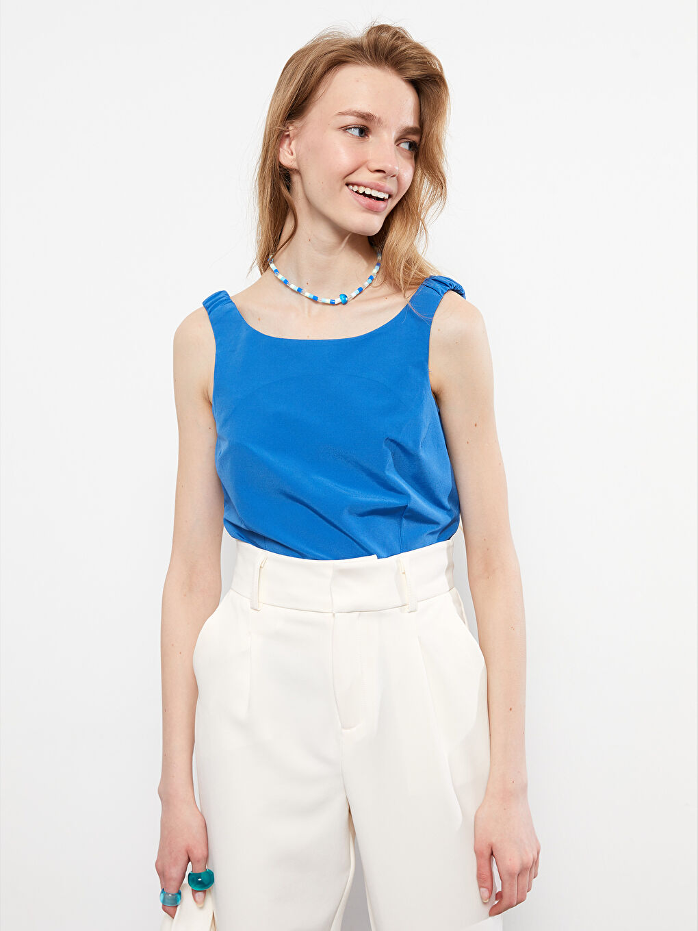 Women's U-Neck Plain Ruffle Detailed Strap Blouse -S2IS51Z8-HGU