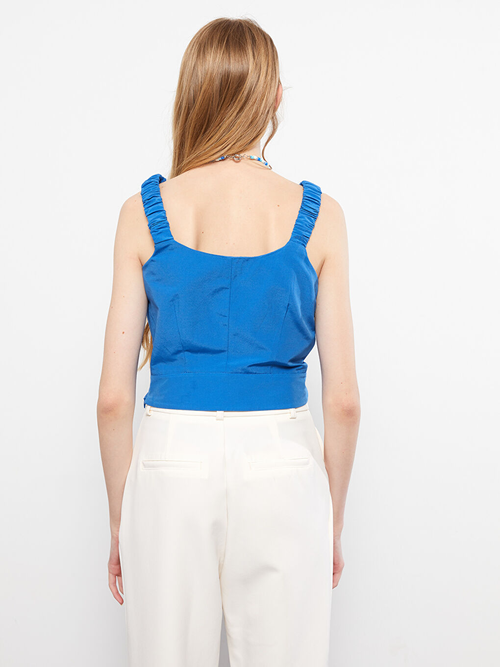 Women's U-Neck Plain Ruffle Detailed Strap Blouse -S2IS51Z8-HGU