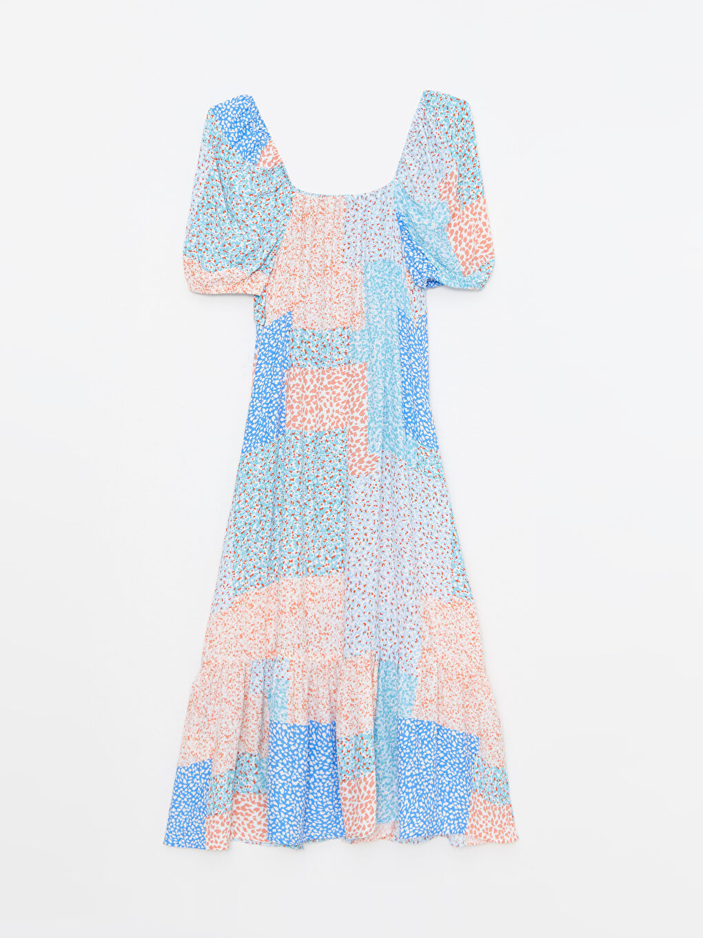 Mavi Kalp Yaka Desenli Balon Kollu Viskon Kadın Elbise-6