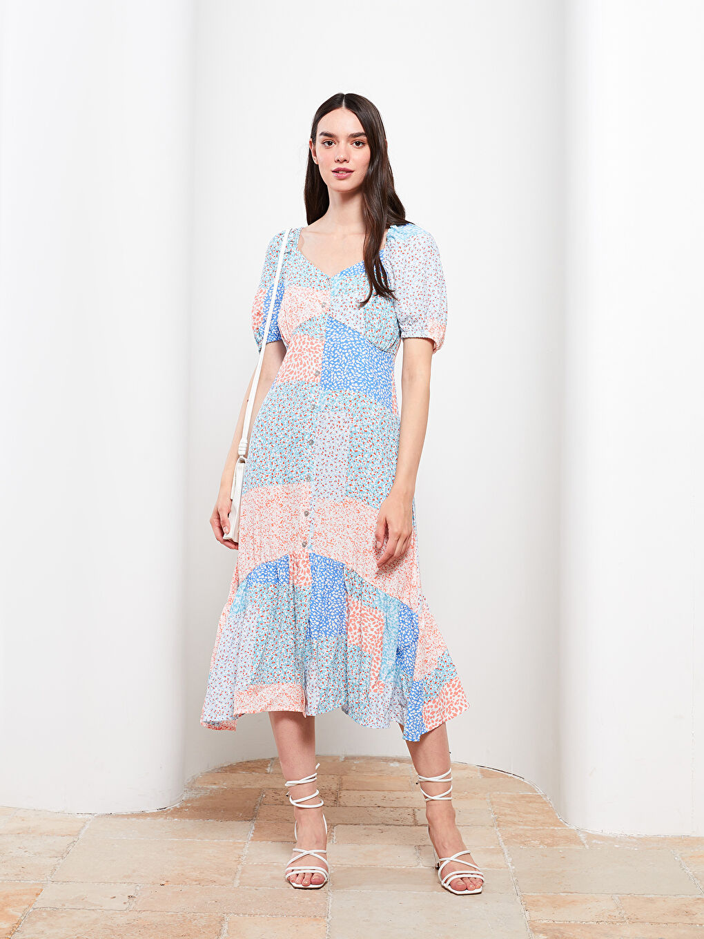 Mavi Kalp Yaka Desenli Balon Kollu Viskon Kadın Elbise