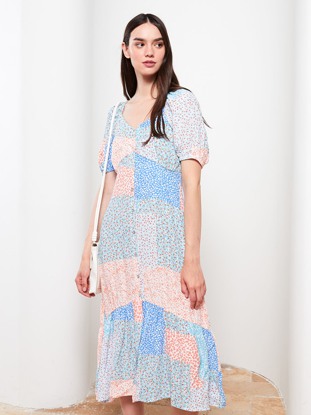 Mavi Kalp Yaka Desenli Balon Kollu Viskon Kadın Elbise-1