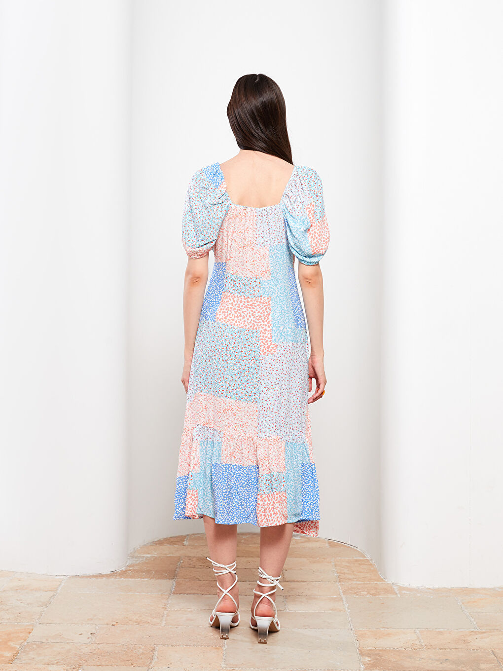 Mavi Kalp Yaka Desenli Balon Kollu Viskon Kadın Elbise-4