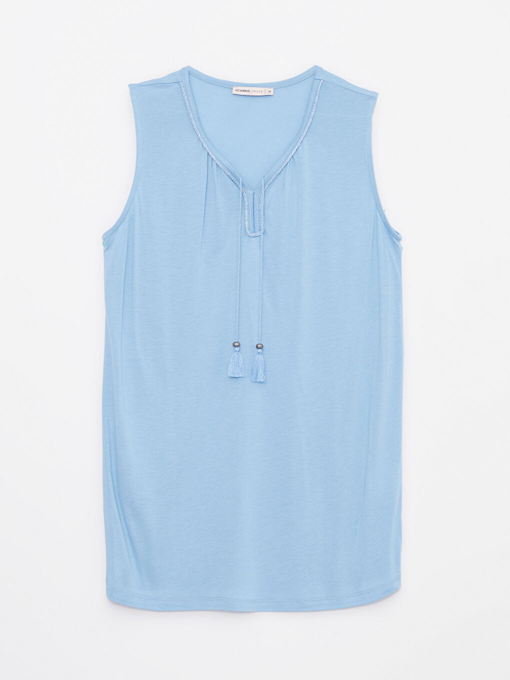 Mavi Bağlamalı Yaka Nakışlı Kolsuz Viskon Kadın Bluz-5