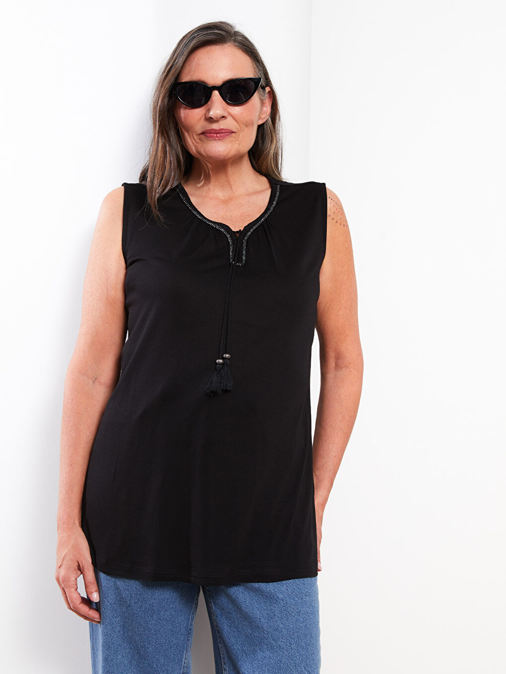 Schleifenkragen Bestickte Ärmellose Viskose Bluse für Damen-2