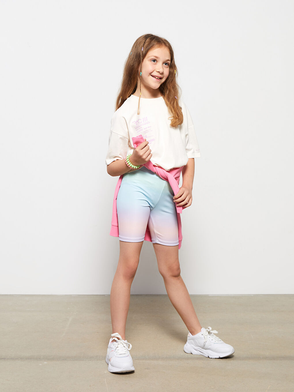 Ekru Bisiklet Yaka Baskılı Kısa Kollu Pamuklu Kız Çocuk Tişört-2