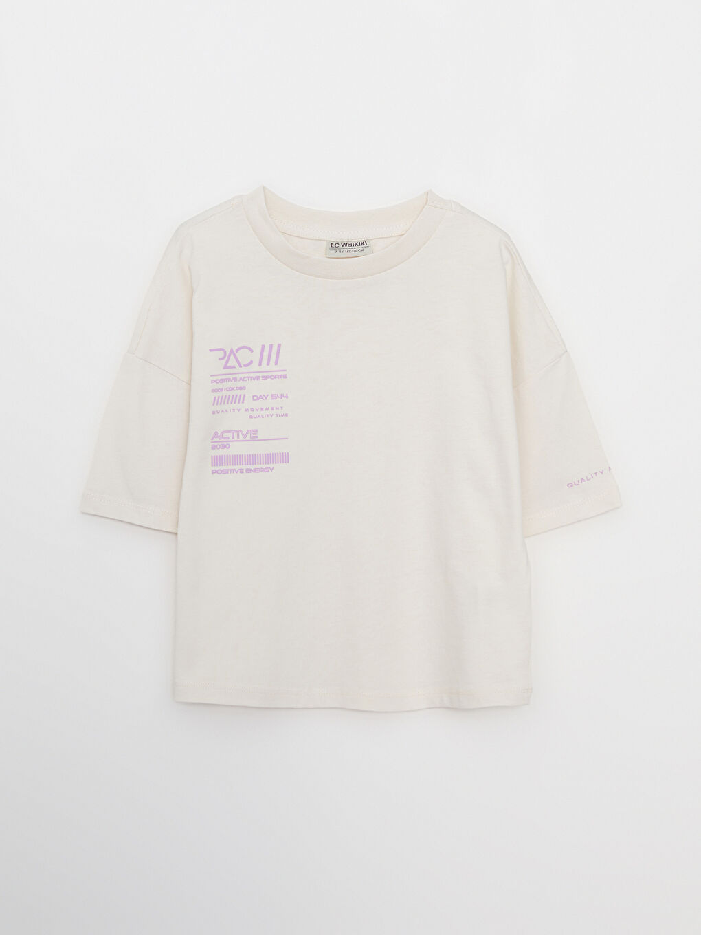 Ekru Bisiklet Yaka Baskılı Kısa Kollu Pamuklu Kız Çocuk Tişört-4