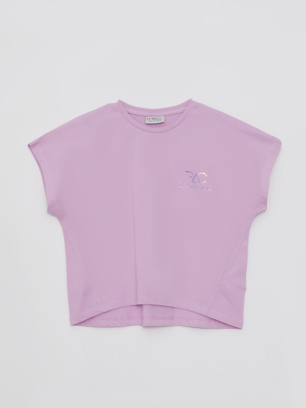 Lila Bisiklet Yaka Baskılı Kısa Kollu Pamuklu Kız Çocuk Tişört