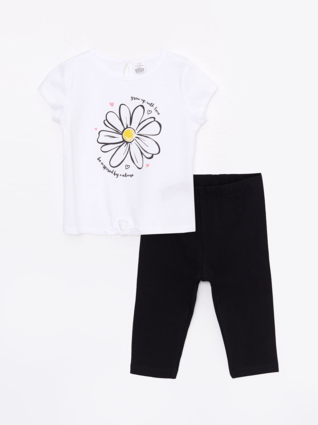 Beyaz Bisiklet Yaka Kısa Kollu Baskılı Pamuklu Kız Bebek Tişört ve Tayt 2'li Takım