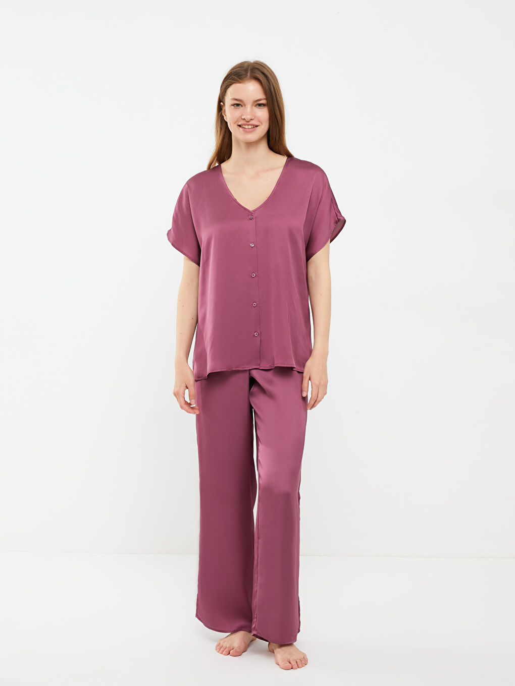 LCW DREAM V Neck Plain Short Sleeve Satin Women's Pyjama Set -S2IT34Z8-H7Z