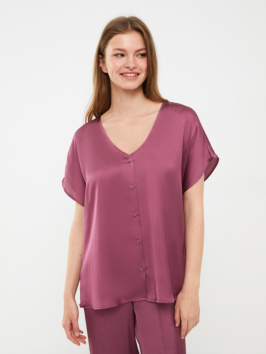 LCW DREAM V Neck Plain Short Sleeve Satin Women's Pyjama Set -S2IT34Z8-H7Z
