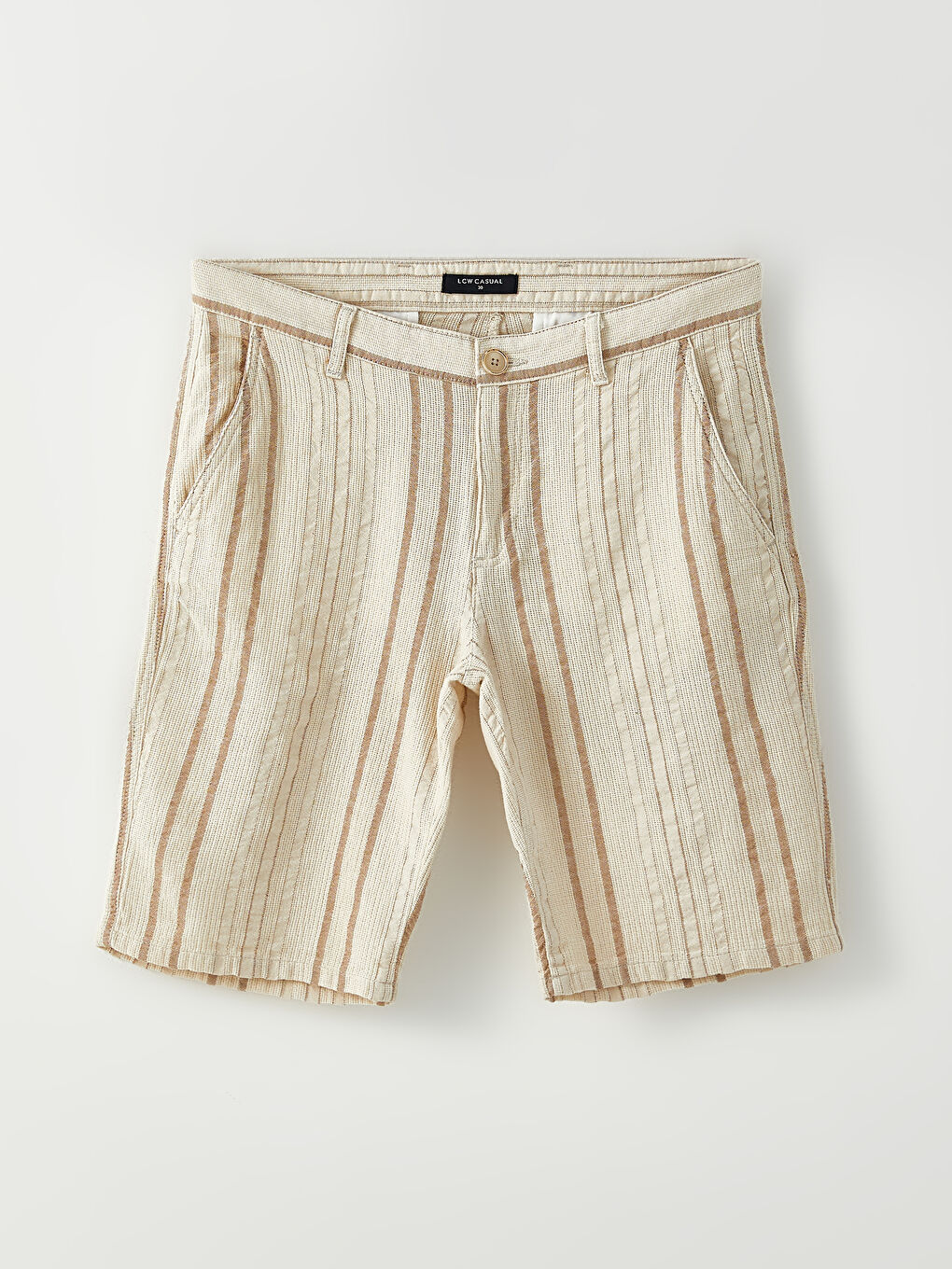 Bej Standart Kalıp Çizgili Erkek Şort-5