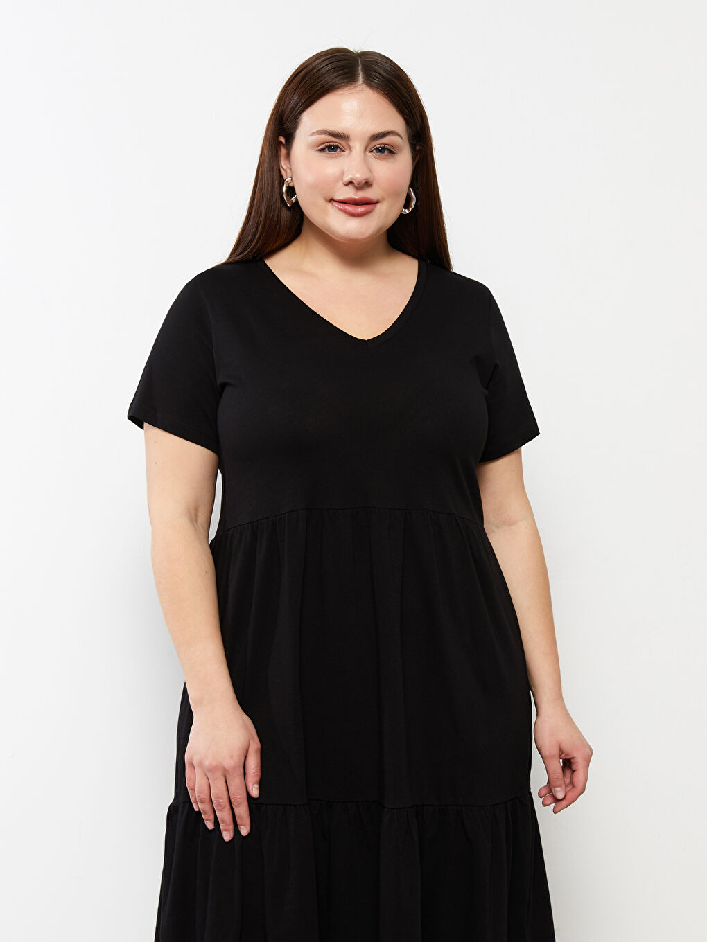 Plus Size V-Neck Straight Short Sleeve Cotton Women's Dress-2