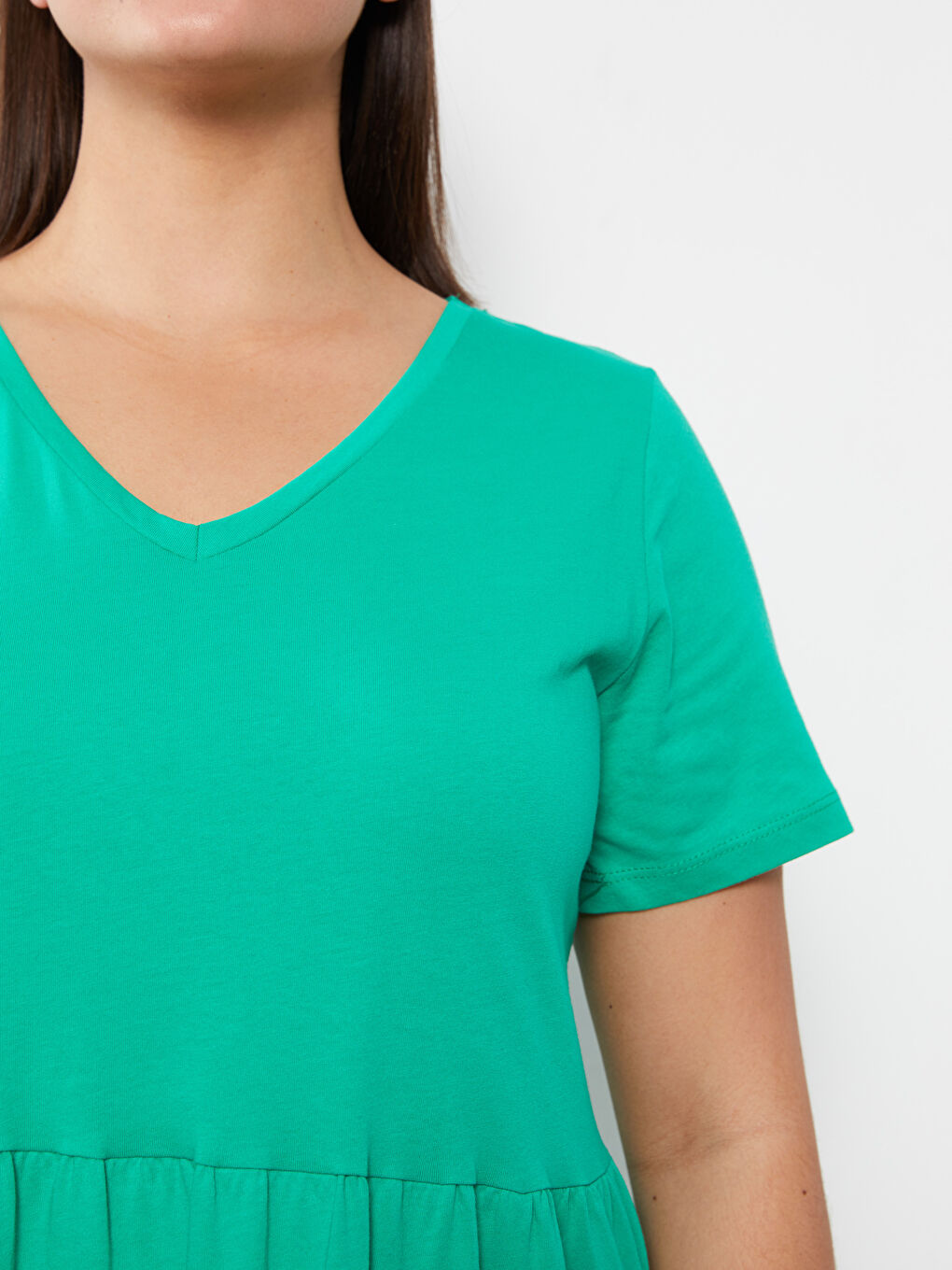 Yeşil Büyük Beden V Yaka Düz Kısa Kollu Pamuklu Kadın Elbise-3
