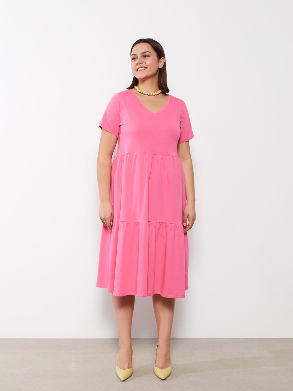 LC WAIKIKI Plus Size V-Neck Straight Short Sleeve Cotton Women's Dress -S2IT49Z8-R0J