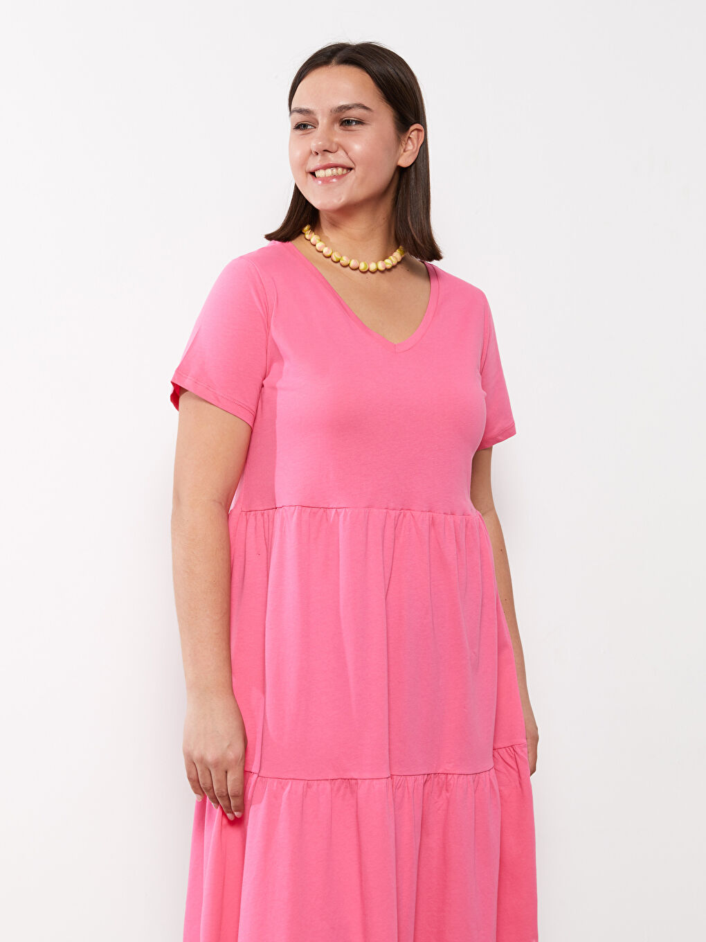 LC WAIKIKI Plus Size V-Neck Straight Short Sleeve Cotton Women's Dress -S2IT49Z8-R0J