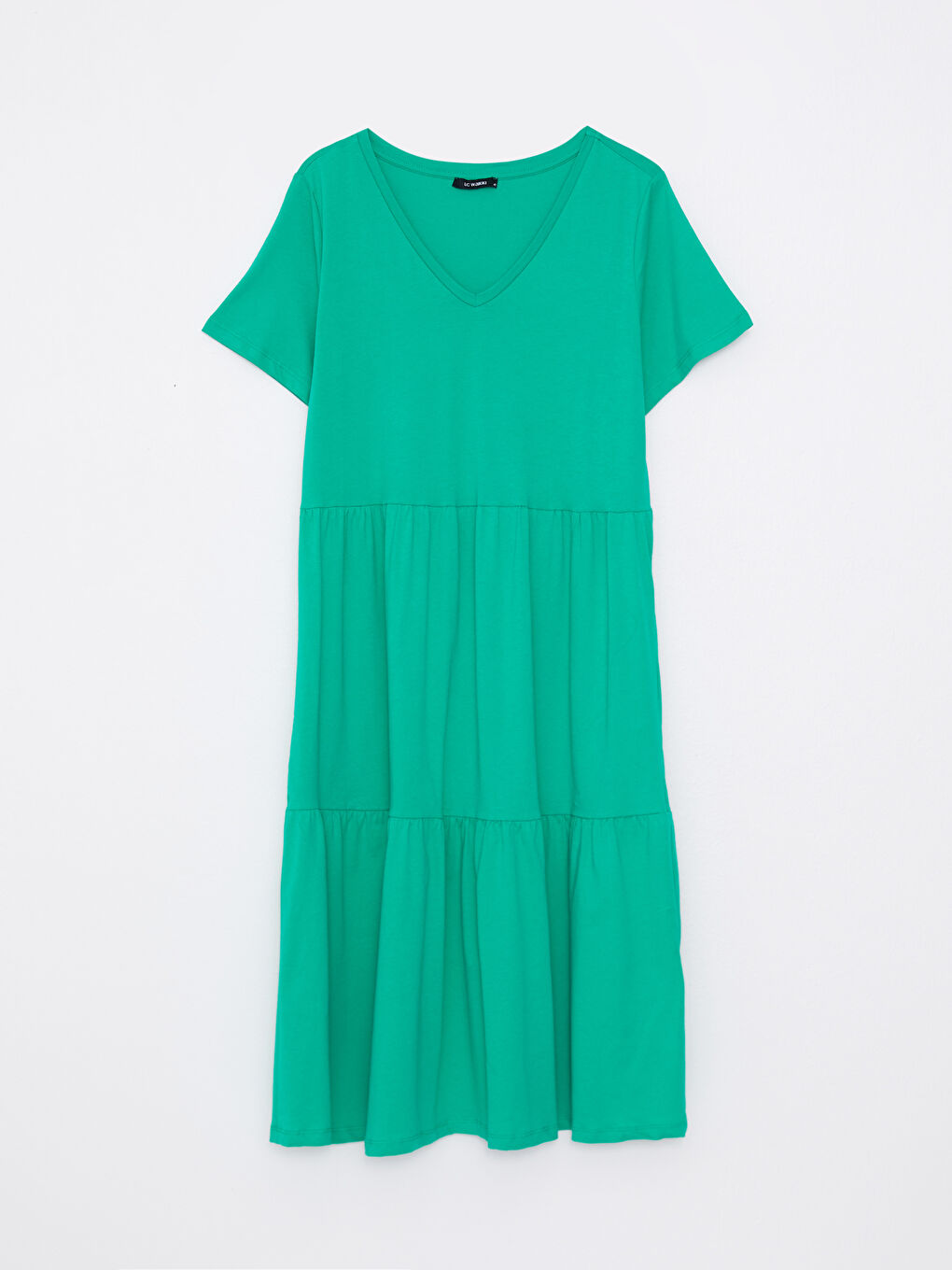 Yeşil Büyük Beden V Yaka Düz Kısa Kollu Pamuklu Kadın Elbise-5