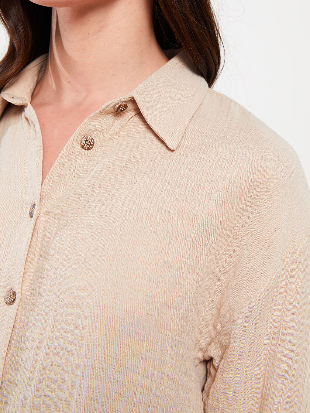 Bej Önden Düğme Kapamalı Düz Uzun Kollu Müslin Kumaş Hamile Gömlek-3