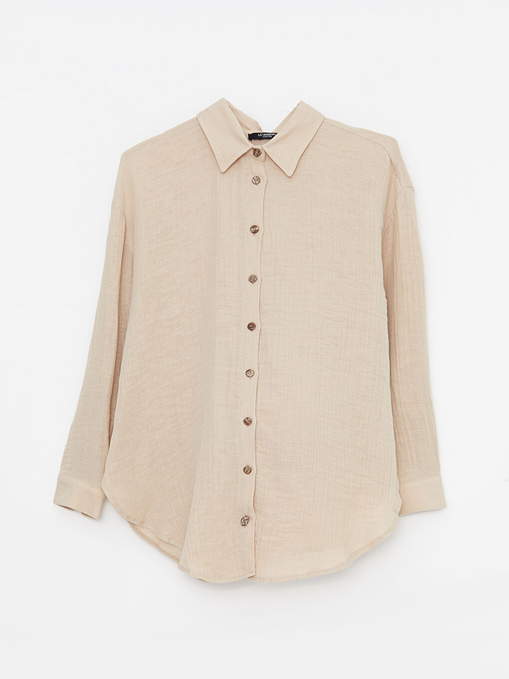 Bej Önden Düğme Kapamalı Düz Uzun Kollu Müslin Kumaş Hamile Gömlek-5