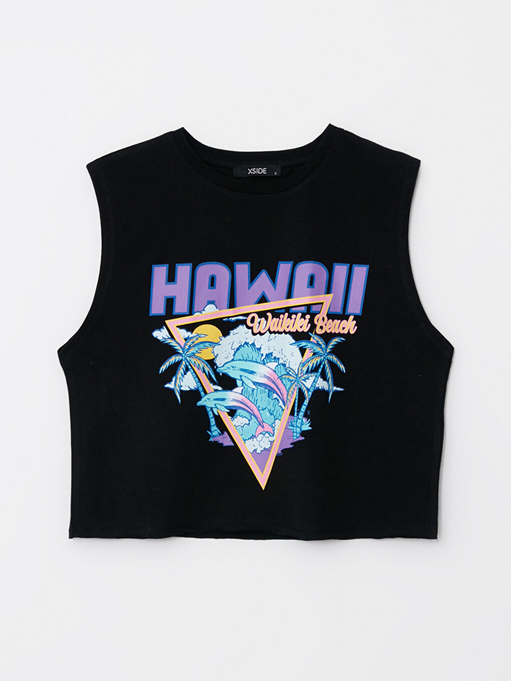 Siyah Bisiklet Yaka Baskılı Kadın Crop-5