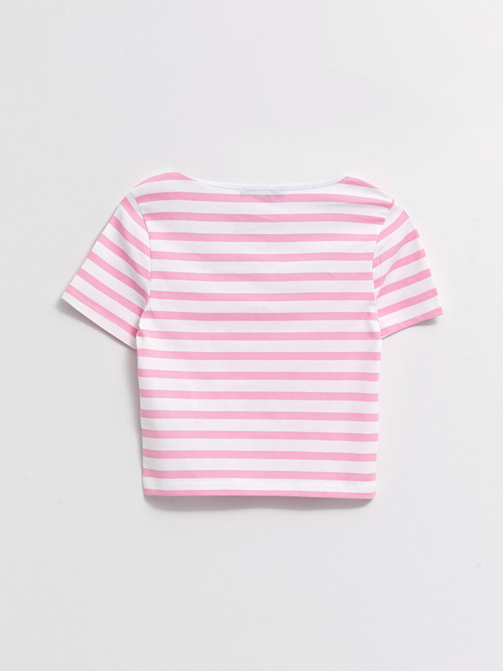 Pembe Kare Yaka Çizgili Kısa Kollu Kadın Crop-1