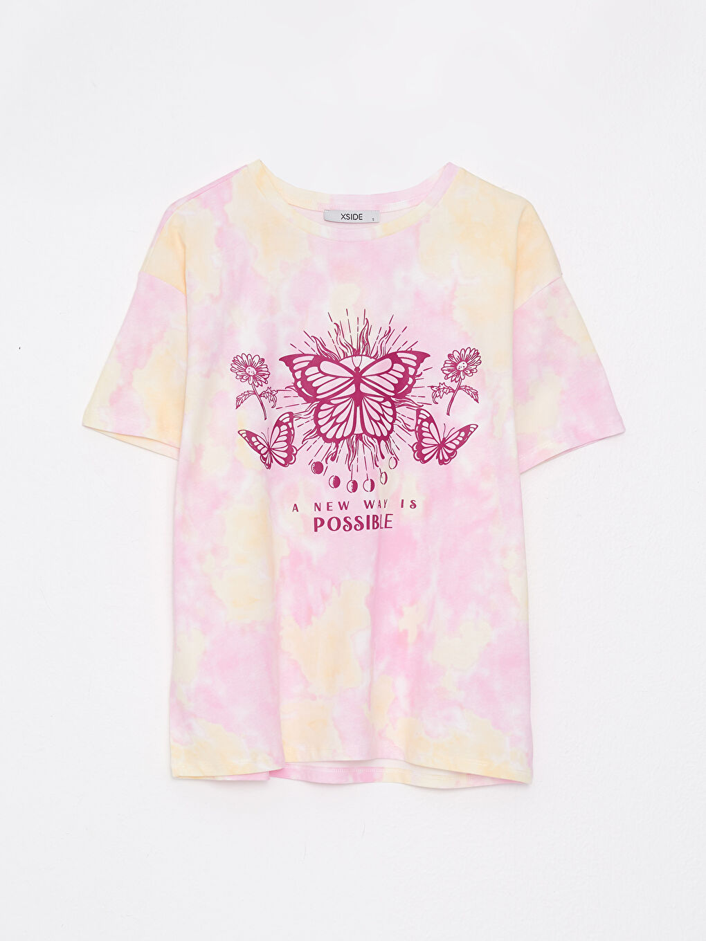 Sarı Bisiklet Yaka Baskılı Kısa Kollu Pamuklu Kadın Tişört-5