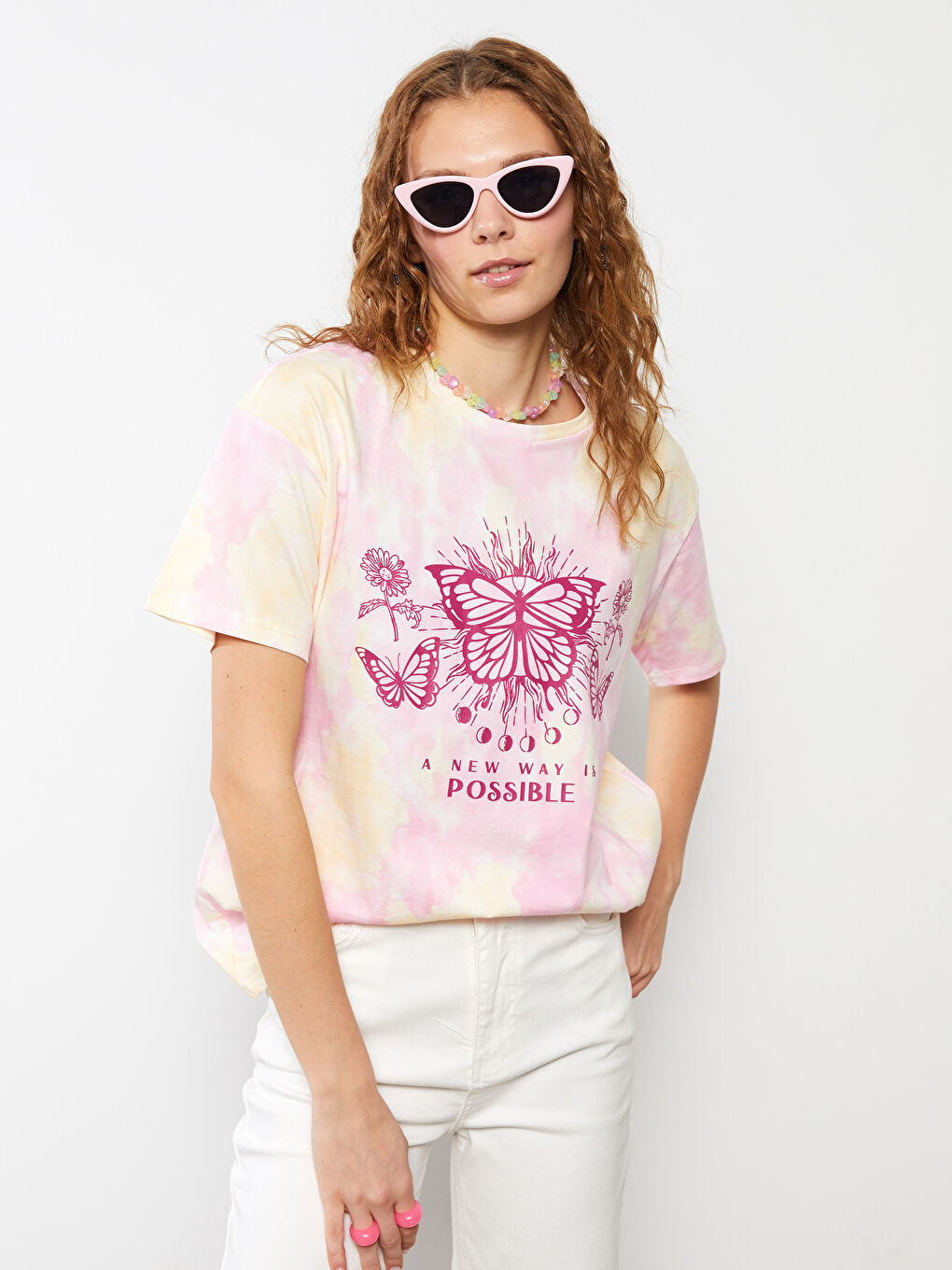 Sarı Bisiklet Yaka Baskılı Kısa Kollu Pamuklu Kadın Tişört-1